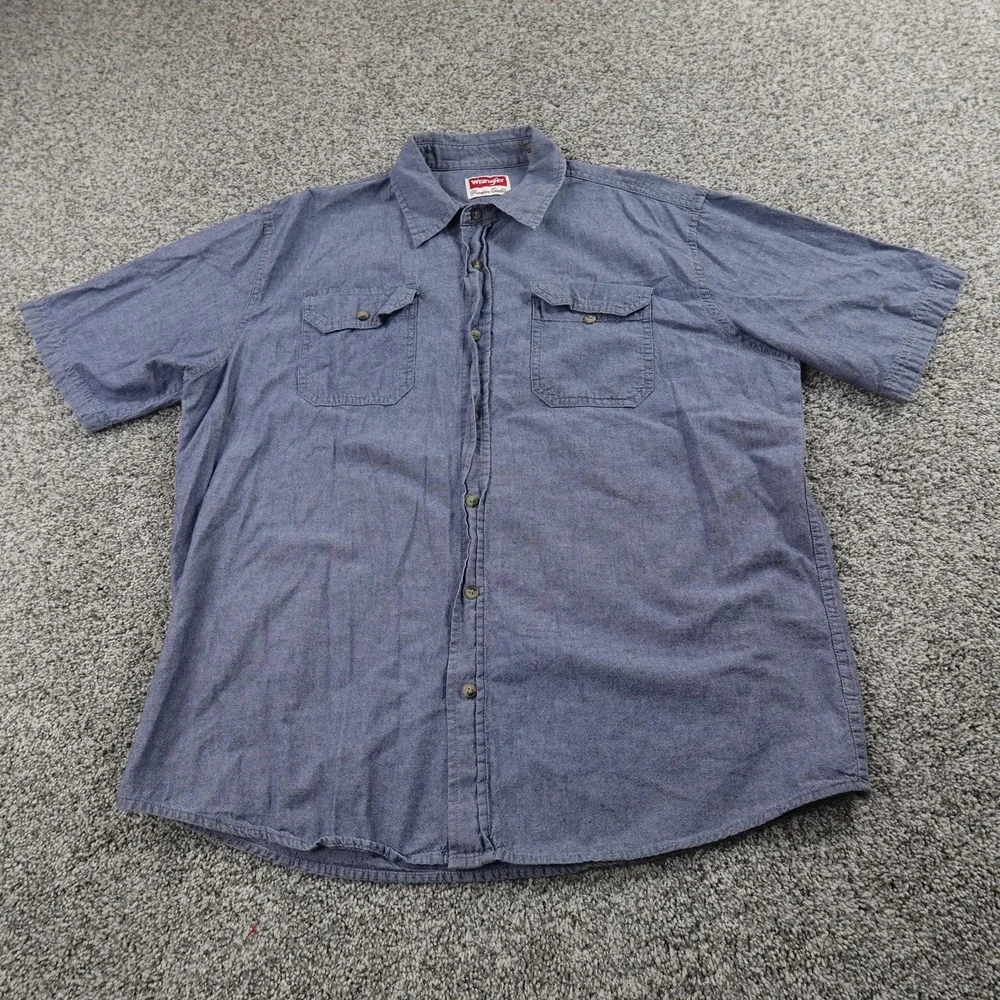 Wrangler Shirt Mens L Blue Chambray Denim Short Sleeve Button Up Cowboy Western‎